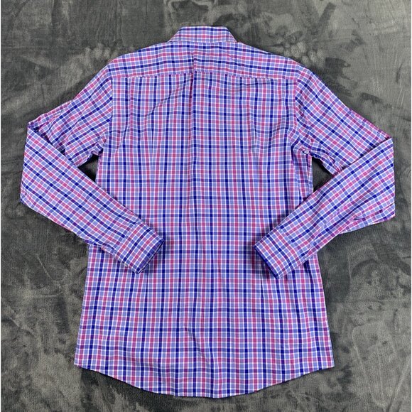 Hugo Boss Shirt Men Size 15.5 Blue Pink Plaid Button Up Sharp Fit Long Sleeve - Picture 2 of 6